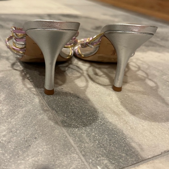 Larroude Ibiza Mules Silver Metallic Woven Braid Strap Heel Sandals size 7 - Picture 8 of 11